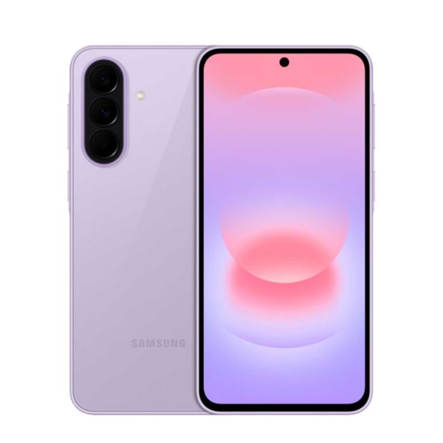 celular Samsung color lavanda, vista frontal y trasera con pantalla grande